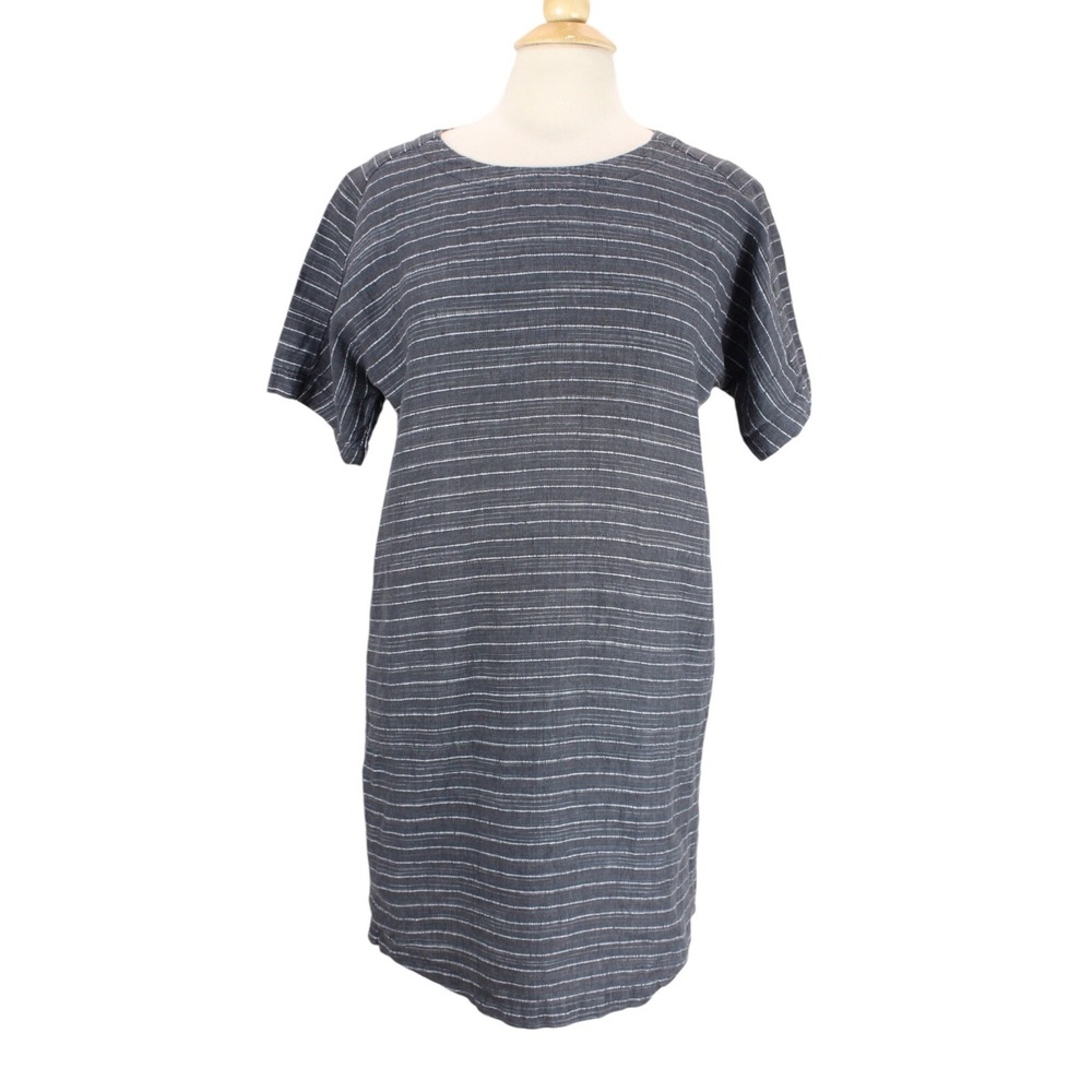 Eileen Fisher Linen Shift Dress Size Petite PP Organic Gray Striped Short Sleeve